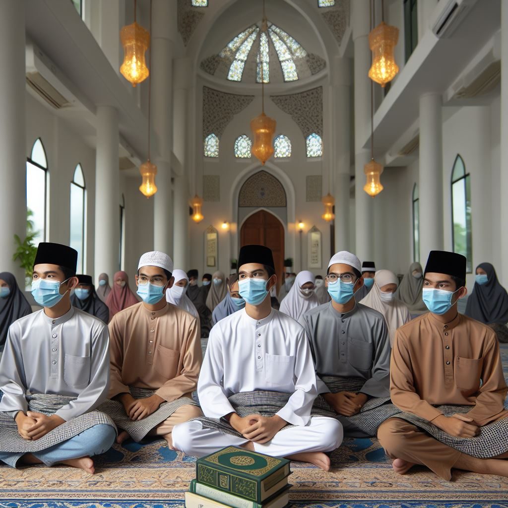 Kasus Covid-19 di Malaysia melonjak. Warga pun diimbau memperketat protokol kesehatan termasuk penggunaan masker di masjid dan surau . Ilustrasi Foto Berbasis AI : TIm Lensa Warta
