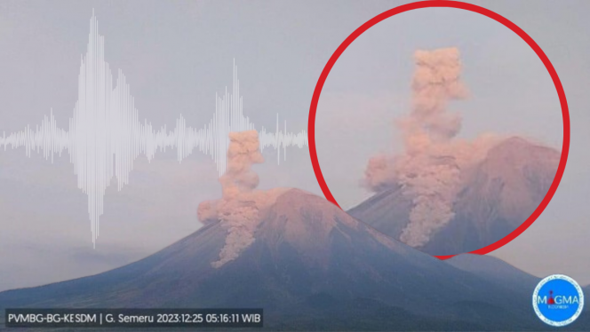   Erupsi Semeru setinggi 1.000 meter hari ini, Senin 25 Desember 2023. (Foto: dok. PVMBG)