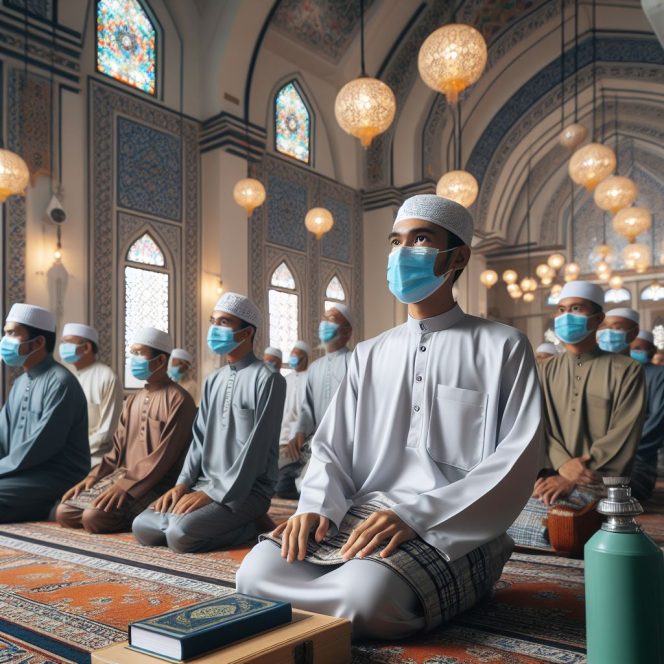 
 Kasus Covid-19 di Malaysia melonjak. Warga pun diimbau memperketat protokol kesehatan termasuk penggunaan masker di masjid dan surau . Ilustrasi Foto Berbasis AI : TIm Lensa Warta