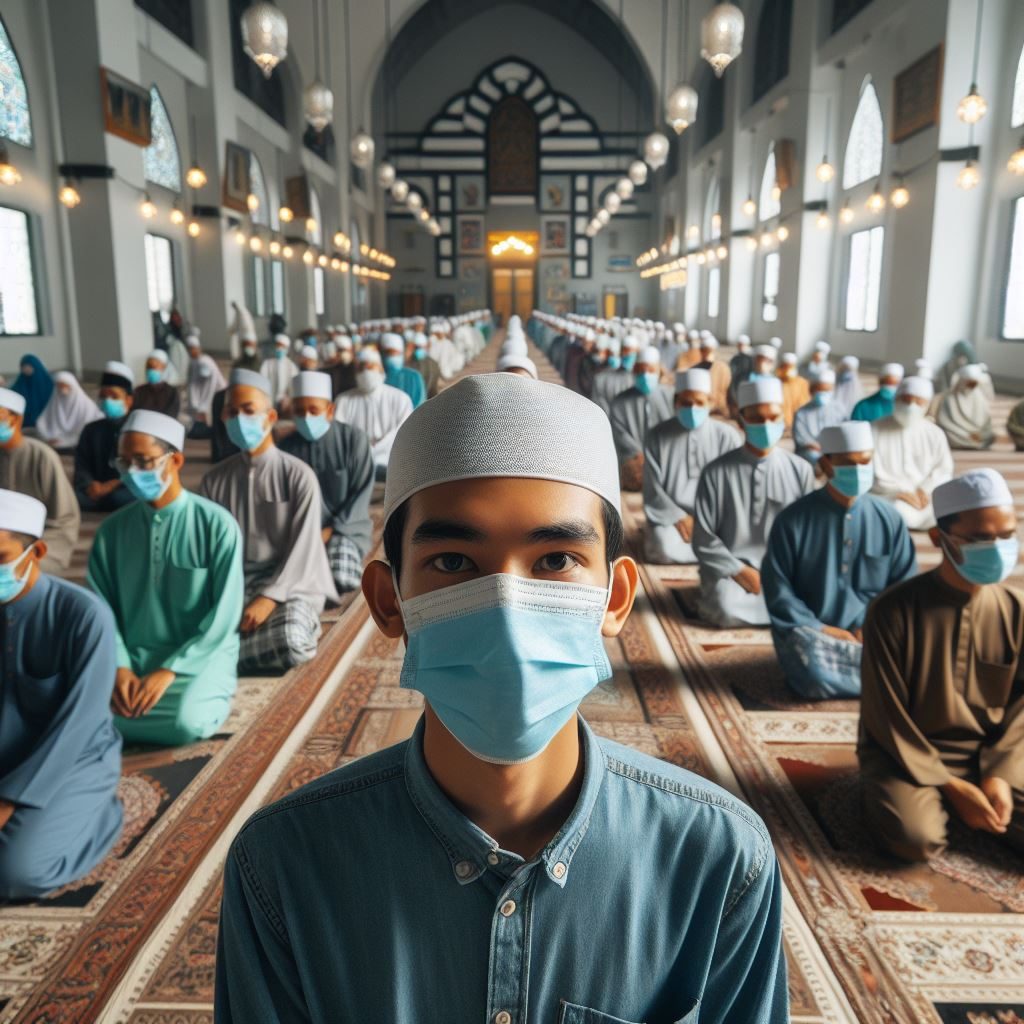 Kasus Covid-19 di Malaysia melonjak. Warga pun diimbau memperketat protokol kesehatan termasuk penggunaan masker di masjid dan surau . Ilustrasi Foto Berbasis AI : TIm Lensa Warta