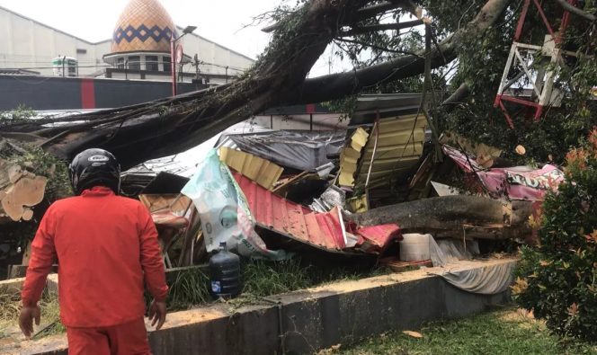  
Kondisi pohon beringin yang tumbang timpa sejumlah kios dan 9 orang di Alun-alun Kota Blitar, Senin (8/1/2024). 