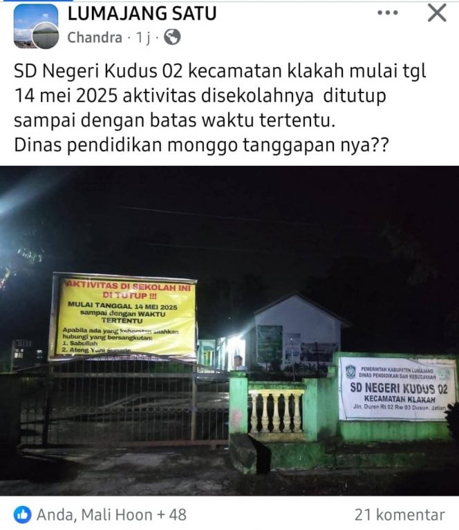 
 Dindikbud Lumajang Pastikan Penutupan SDN Kudus 02 Tak Ganggu Hak Belajar Anak