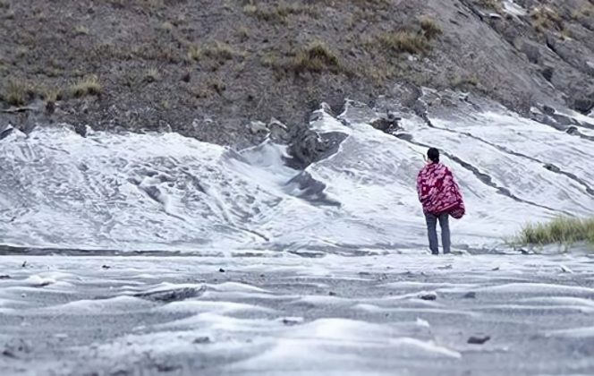 
 Embun Beku Selimuti Gunung Bromo, Wisatawan Nikmati Sensasi “Salju Tropis”